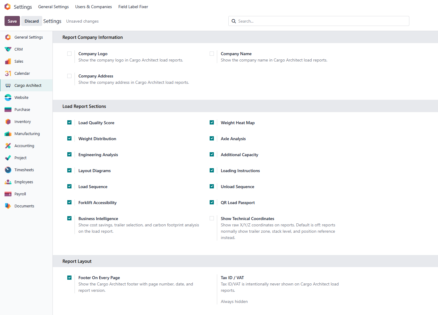 Cargo Architect Odoo native settings screenshot